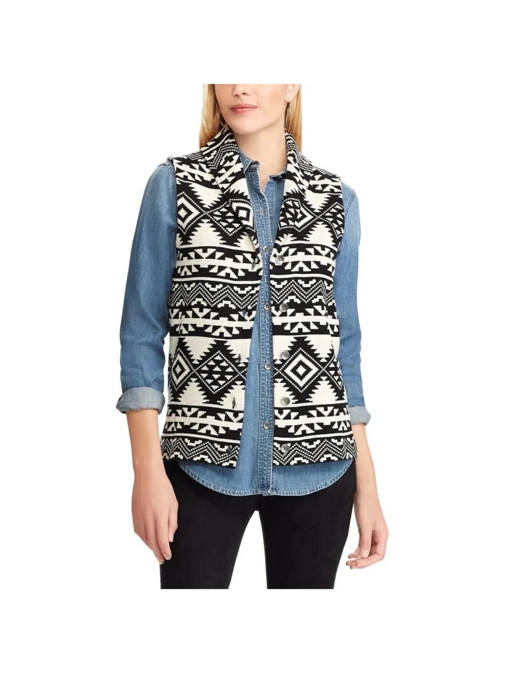 Chaps Black & White Aztec Cotton Knit Vest M